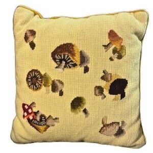 Pier 1 Needlepoint Gold Mushroom Pillow 16 X 16 Vintage